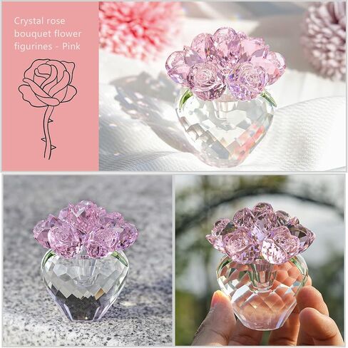 LONGWIN Crystal Rose Flower Figurines Glass Flower Spring Bouquet with Vase Home Decor Collectible Figurines, Romantic Crystal Gifts for Women on Valentines Day/Mothers Day in Saudi Arabia