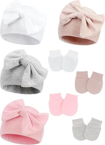 Baby Girl Hats with Bow and Mittens Set, Newborn Girl Hospital Hats with No-Scratch Mitts for Infant, Beanie Cap in Saudi Arabia