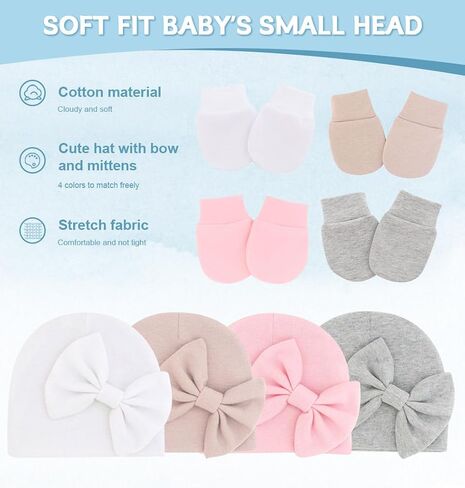 Baby Girl Hats with Bow and Mittens Set, Newborn Girl Hospital Hats with No-Scratch Mitts for Infant, Beanie Cap in Saudi Arabia