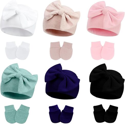Baby Girl Hats with Bow and Mittens Set, Newborn Girl Hospital Hats with No-Scratch Mitts for Infant, Beanie Cap in Saudi Arabia