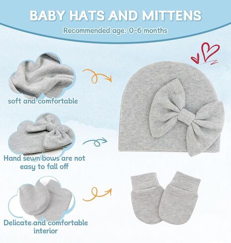 Baby Girl Hats with Bow and Mittens Set, Newborn Girl Hospital Hats with No-Scratch Mitts for Infant, Beanie Cap in Saudi Arabia