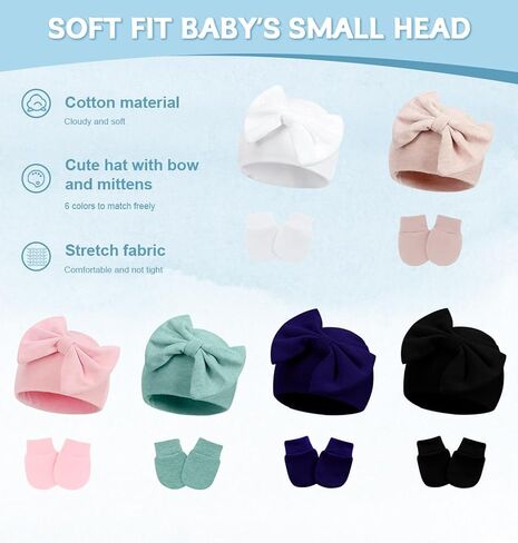 Baby Girl Hats with Bow and Mittens Set, Newborn Girl Hospital Hats with No-Scratch Mitts for Infant, Beanie Cap in Saudi Arabia