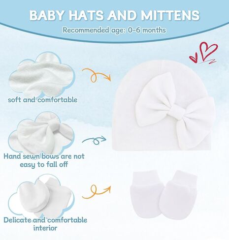 Baby Girl Hats with Bow and Mittens Set, Newborn Girl Hospital Hats with No-Scratch Mitts for Infant, Beanie Cap in Saudi Arabia