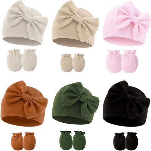 Baby Girl Hats with Bow and Mittens Set, Newborn Girl Hospital Hats with No-Scratch Mitts for Infant, Beanie Cap in Saudi Arabia
