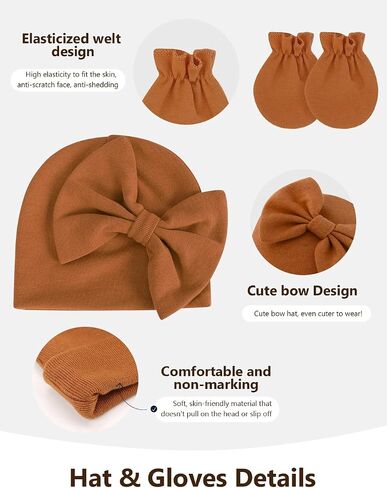 Baby Girl Hats with Bow and Mittens Set, Newborn Girl Hospital Hats with No-Scratch Mitts for Infant, Beanie Cap in Saudi Arabia
