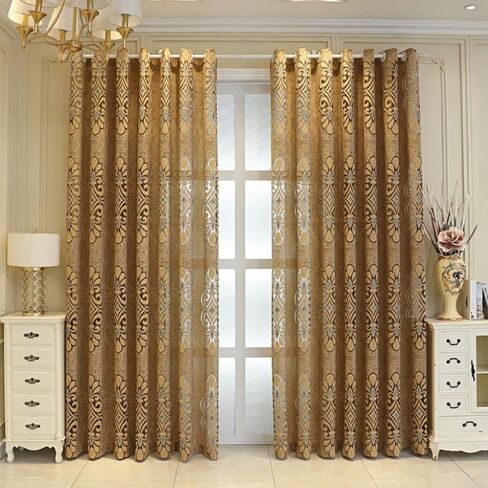 Amidoudou 1 Pair European Jacquard Tulle Curtains Classical Elegant Sheer Curtains for Bedroom Living Room (Coffee,52x84 Inch) in Kuwait