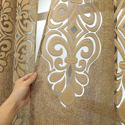 Amidoudou 1 Pair European Jacquard Tulle Curtains Classical Elegant Sheer Curtains for Bedroom Living Room (Coffee,52x84 Inch) in Kuwait