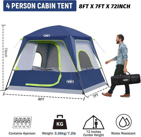 UNP 4-Person Tent, Portable Cabin Tent, Camping Tent 4-Person Easy Set Up, Waterproof with Top Rainfly for Outdoor Camping/Hiking in Saudi Arabia