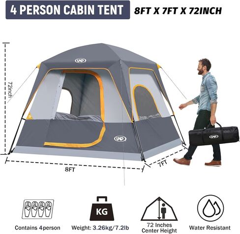 UNP 4-Person Tent, Portable Cabin Tent, Camping Tent 4-Person Easy Set Up, Waterproof with Top Rainfly for Outdoor Camping/Hiking in Saudi Arabia