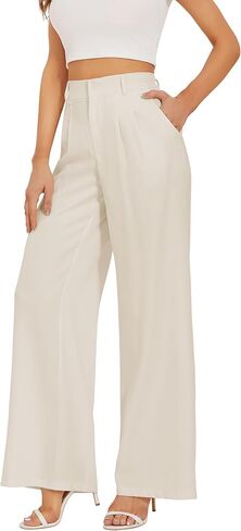 Wide Leg Pants for Women High Waisted Pleated Dress Slacks White Flowy Business Casual Work Dressy Office (Beige Petite 6) in Saudi Arabia