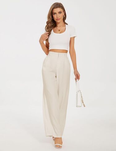 Wide Leg Pants for Women High Waisted Pleated Dress Slacks White Flowy Business Casual Work Dressy Office (Beige Petite 6) in Saudi Arabia