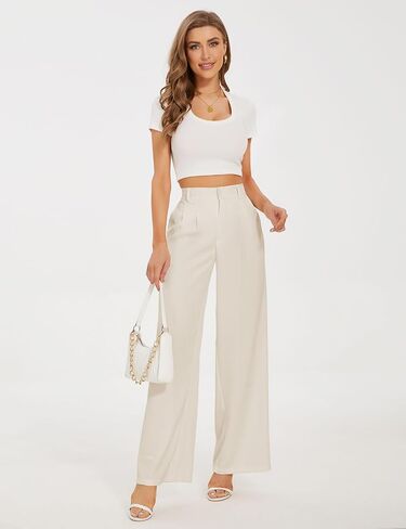 Wide Leg Pants for Women High Waisted Pleated Dress Slacks White Flowy Business Casual Work Dressy Office (Beige Petite 6) in Saudi Arabia