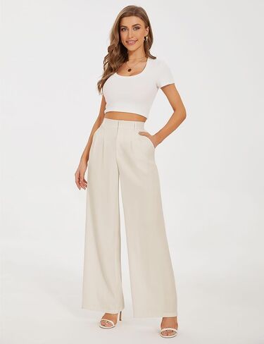Wide Leg Pants for Women High Waisted Pleated Dress Slacks White Flowy Business Casual Work Dressy Office (Beige Petite 6) in Saudi Arabia