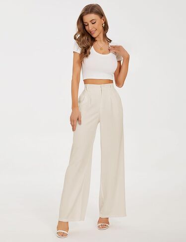 Wide Leg Pants for Women High Waisted Pleated Dress Slacks White Flowy Business Casual Work Dressy Office (Beige Petite 6) in Saudi Arabia