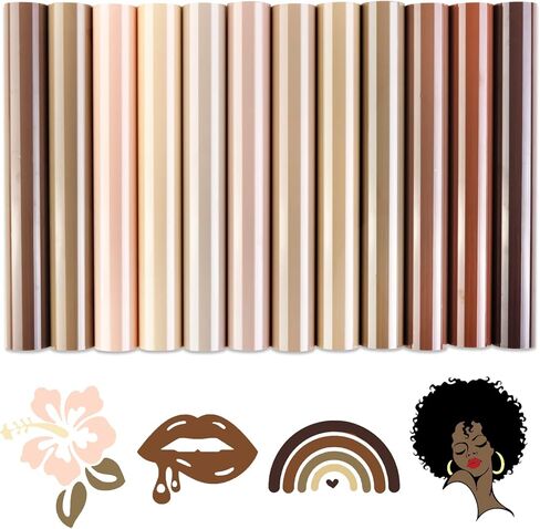 Melanin Heat Transfer Vinyl - 12 Pcs 12 X10 Skin Tone HTV Heat Transfer Vinyl Nude Brown Shade Color HTV Vinyl Barely Beige Tan HTV Iron on Vinyl for T-Shirts Compatible with Silhoutte Cameo in Kuwait