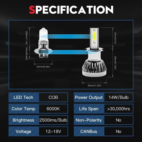 VEHICODE H3 LED لمبة كشاف ضوئي للضباب 6000K أبيض 12 فولت بديل بدون مروحة للسيارة (عبوتان) in Kuwait