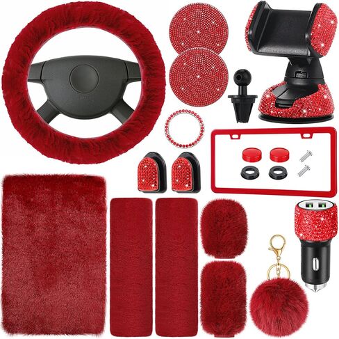 15 Pcs Fluffy Bling Car Accessories for Women Steering Wheel Cover License Plate Frame Car Phone Holder Crystal USB Port Seat Belt Shoulder Pad Cup Holder Handbrake Gear Cover in Saudi Arabia