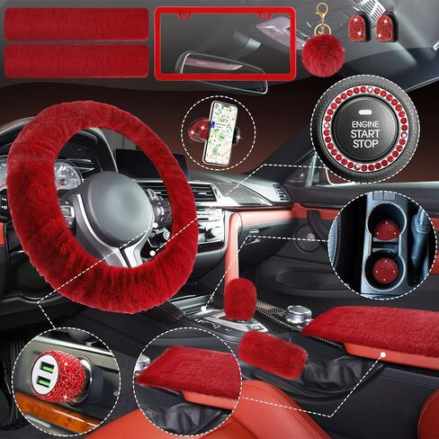 15 Pcs Fluffy Bling Car Accessories for Women Steering Wheel Cover License Plate Frame Car Phone Holder Crystal USB Port Seat Belt Shoulder Pad Cup Holder Handbrake Gear Cover in Saudi Arabia