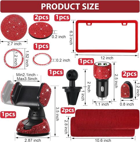 15 Pcs Fluffy Bling Car Accessories for Women Steering Wheel Cover License Plate Frame Car Phone Holder Crystal USB Port Seat Belt Shoulder Pad Cup Holder Handbrake Gear Cover in Saudi Arabia