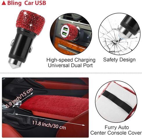 15 Pcs Fluffy Bling Car Accessories for Women Steering Wheel Cover License Plate Frame Car Phone Holder Crystal USB Port Seat Belt Shoulder Pad Cup Holder Handbrake Gear Cover in Saudi Arabia