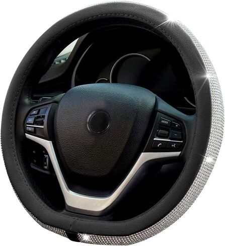 Diamond Leather Bling D Shape Steering Wheel Cover with Shining Crystal Rhinestones,Flat Bottom Shaped Steering Wheel Cover Universal Fit for 15 Inch Steering Protector for Women Girls(D-Black) in Saudi Arabia