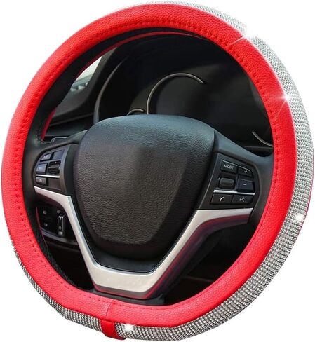 Diamond Leather Bling D Shape Steering Wheel Cover with Shining Crystal Rhinestones,Flat Bottom Shaped Steering Wheel Cover Universal Fit for 15 Inch Steering Protector for Women Girls(D-Black) in Saudi Arabia
