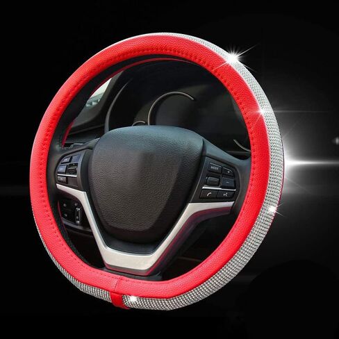 Diamond Leather Bling D Shape Steering Wheel Cover with Shining Crystal Rhinestones,Flat Bottom Shaped Steering Wheel Cover Universal Fit for 15 Inch Steering Protector for Women Girls(D-Black) in Saudi Arabia