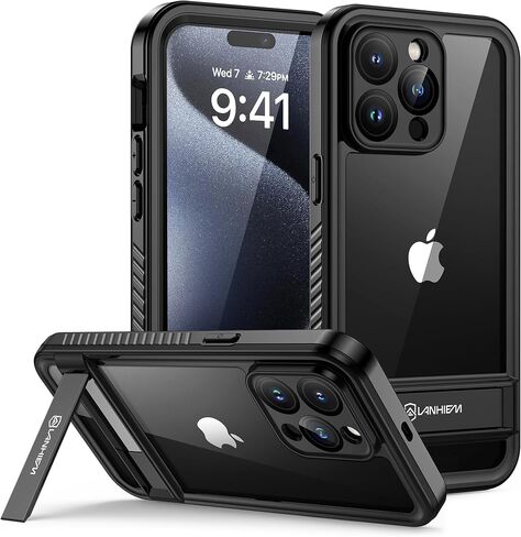 Lanhiem for iPhone 14 Case with Kickstand, IP68 Waterproof Dustproof Built-in Screen Protector, Full Body Shockproof Protective Front and Back Cover for iPhone 14, 6.1 Inch (Black) in Saudi Arabia