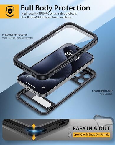Lanhiem for iPhone 14 Case with Kickstand, IP68 Waterproof Dustproof Built-in Screen Protector, Full Body Shockproof Protective Front and Back Cover for iPhone 14, 6.1 Inch (Black) in Saudi Arabia