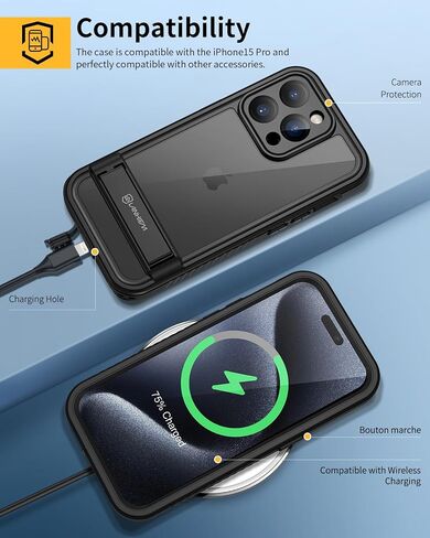 Lanhiem for iPhone 14 Case with Kickstand, IP68 Waterproof Dustproof Built-in Screen Protector, Full Body Shockproof Protective Front and Back Cover for iPhone 14, 6.1 Inch (Black) in Saudi Arabia