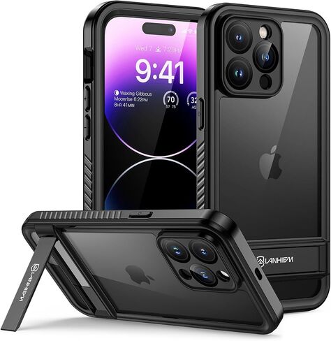 Lanhiem for iPhone 14 Case with Kickstand, IP68 Waterproof Dustproof Built-in Screen Protector, Full Body Shockproof Protective Front and Back Cover for iPhone 14, 6.1 Inch (Black) in Saudi Arabia