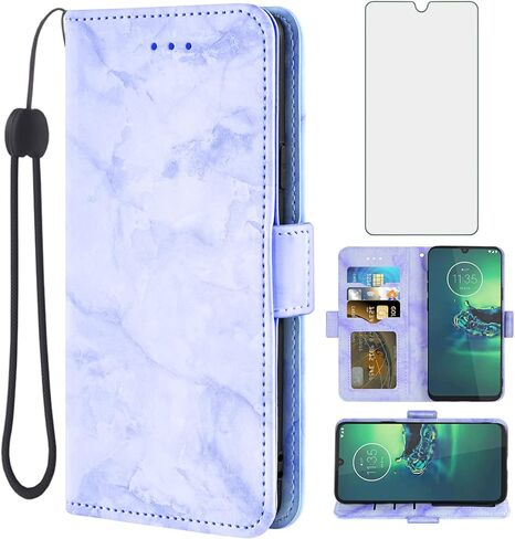Asuwish Compatible with Moto G8 Plus Case and Tempered Glass Screen Protector Cell Accessories Card Holder Slot Kickstand Marble Wallet Phone Covers for MotoG8Plus Motorola 8G G 8 + G8+ G8Plus Purple in Saudi Arabia