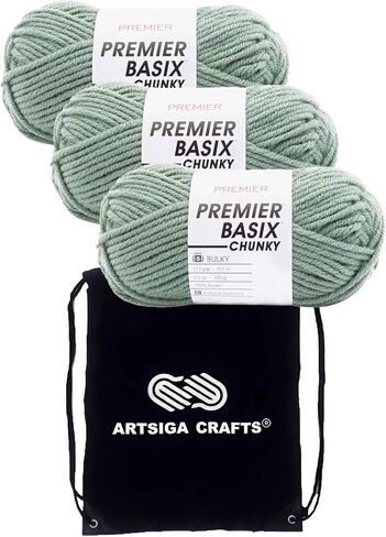 Premier Basix Chunky Knitting Yarn Sage 1145-31 (3-Pack) Same Dye Lot Chunky Bulky #5 Soft 100% Acrylic Bundle with 1 Artsiga Craft Bag in Saudi Arabia