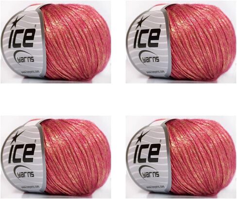 Ice Yarns Rock Star, Metallic Shine, Merino Wool Acrylic Polyamide Blend Yarn, 50 Gram (1.76 Ounces) 125 Yards (115 Meters) 4 Balls (Gold, Pink - 51553) in Saudi Arabia