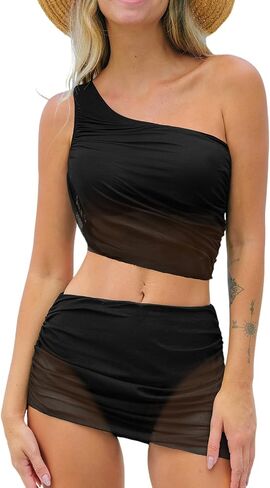CUPSHE Women's Bikini Sets Two Piece Bathing Suit One Shoulder Ruched Mesh Mid Rise Skirt Bottom Asymmetrical in Saudi Arabia
