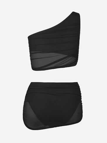 CUPSHE Women's Bikini Sets Two Piece Bathing Suit One Shoulder Ruched Mesh Mid Rise Skirt Bottom Asymmetrical in Saudi Arabia