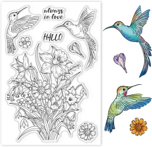 GLOBLELAND Hummingbird and Flowers Background Clear Stamp Flowers and Birds Transparent Silicone Stamp Daffodils Rubber Stamp for Scrapbook Journal Card Making 4.3 x 6.3 x 0.1 Inch in Saudi Arabia