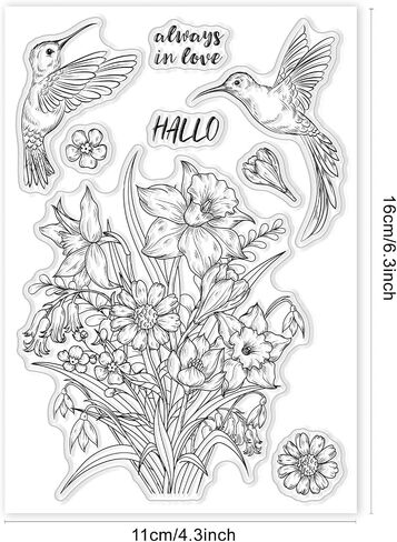 GLOBLELAND Hummingbird and Flowers Background Clear Stamp Flowers and Birds Transparent Silicone Stamp Daffodils Rubber Stamp for Scrapbook Journal Card Making 4.3 x 6.3 x 0.1 Inch in Saudi Arabia