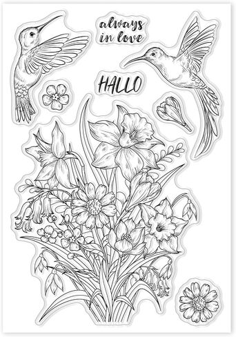 GLOBLELAND Hummingbird and Flowers Background Clear Stamp Flowers and Birds Transparent Silicone Stamp Daffodils Rubber Stamp for Scrapbook Journal Card Making 4.3 x 6.3 x 0.1 Inch in Saudi Arabia