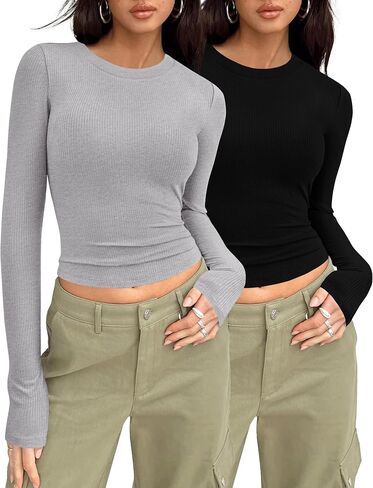 MASCOMODA Womens Ribbed Long Sleeve Crop Tops 2 Pack Casual Crewneck Tight Knit Slim Fitted Shirts Basic Layer Tees in Saudi Arabia