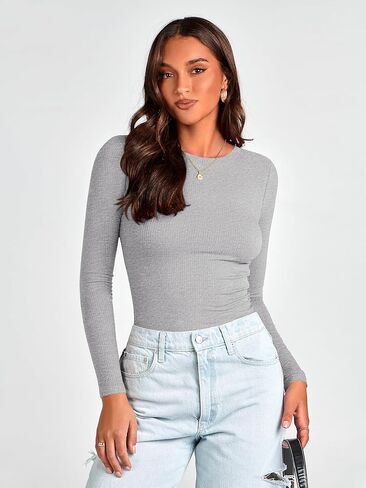 MASCOMODA Womens Ribbed Long Sleeve Crop Tops 2 Pack Casual Crewneck Tight Knit Slim Fitted Shirts Basic Layer Tees in Saudi Arabia