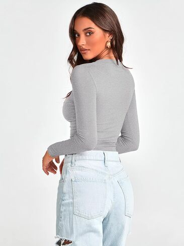 MASCOMODA Womens Ribbed Long Sleeve Crop Tops 2 Pack Casual Crewneck Tight Knit Slim Fitted Shirts Basic Layer Tees in Saudi Arabia