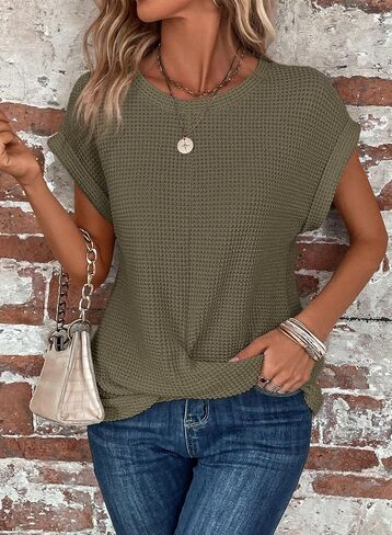 KevaMolly Womens T Shirts Solid Batwing Sleeve Cross Wrap Hem Tee Casual Tshirt Trendy Fitted Tee Tops in Saudi Arabia