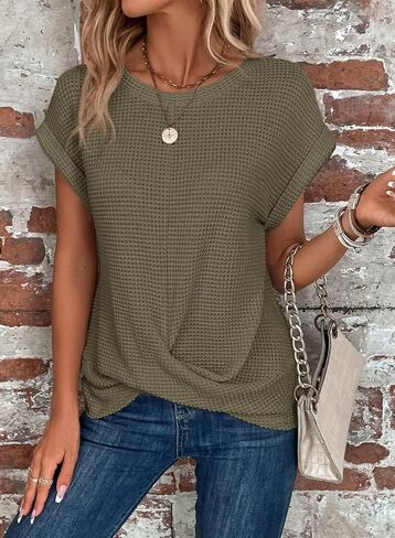 KevaMolly Womens T Shirts Solid Batwing Sleeve Cross Wrap Hem Tee Casual Tshirt Trendy Fitted Tee Tops in Saudi Arabia