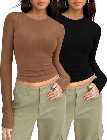 MASCOMODA Womens Ribbed Long Sleeve Crop Tops 2 Pack Casual Crewneck Tight Knit Slim Fitted Shirts Basic Layer Tees in Saudi Arabia