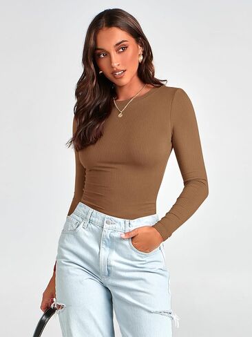 MASCOMODA Womens Ribbed Long Sleeve Crop Tops 2 Pack Casual Crewneck Tight Knit Slim Fitted Shirts Basic Layer Tees in Saudi Arabia