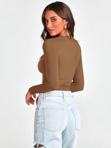 MASCOMODA Womens Ribbed Long Sleeve Crop Tops 2 Pack Casual Crewneck Tight Knit Slim Fitted Shirts Basic Layer Tees in Saudi Arabia