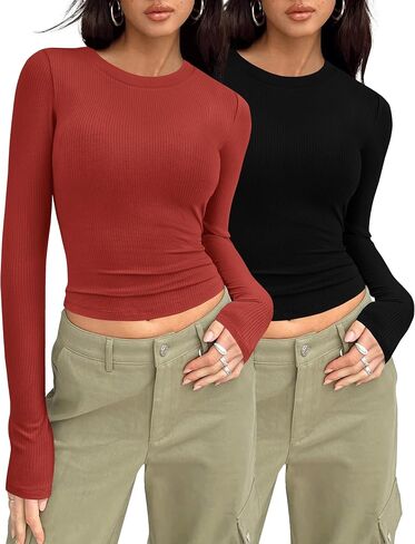 MASCOMODA Womens Ribbed Long Sleeve Crop Tops 2 Pack Casual Crewneck Tight Knit Slim Fitted Shirts Basic Layer Tees in Saudi Arabia