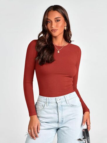 MASCOMODA Womens Ribbed Long Sleeve Crop Tops 2 Pack Casual Crewneck Tight Knit Slim Fitted Shirts Basic Layer Tees in Saudi Arabia