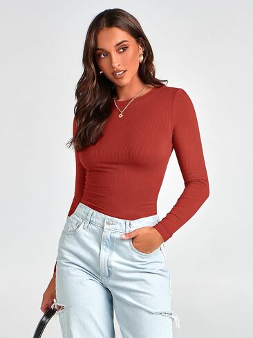 MASCOMODA Womens Ribbed Long Sleeve Crop Tops 2 Pack Casual Crewneck Tight Knit Slim Fitted Shirts Basic Layer Tees in Saudi Arabia